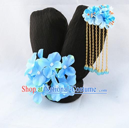 Asian Chinese Handmade Palace Lady Classical Wig and Hair Accessories Tassel Hairpins Complete Set for Women