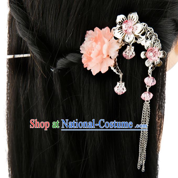 Asian Chinese Handmade Palace Lady Classical Hair Accessories Pink Flower Tassel Hairpins for Women