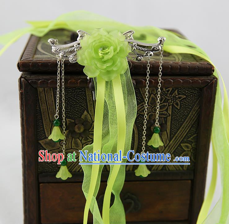 Asian Chinese Handmade Palace Lady Classical Hair Accessories Green Silk Ribbon Hairpins Headwear for Women