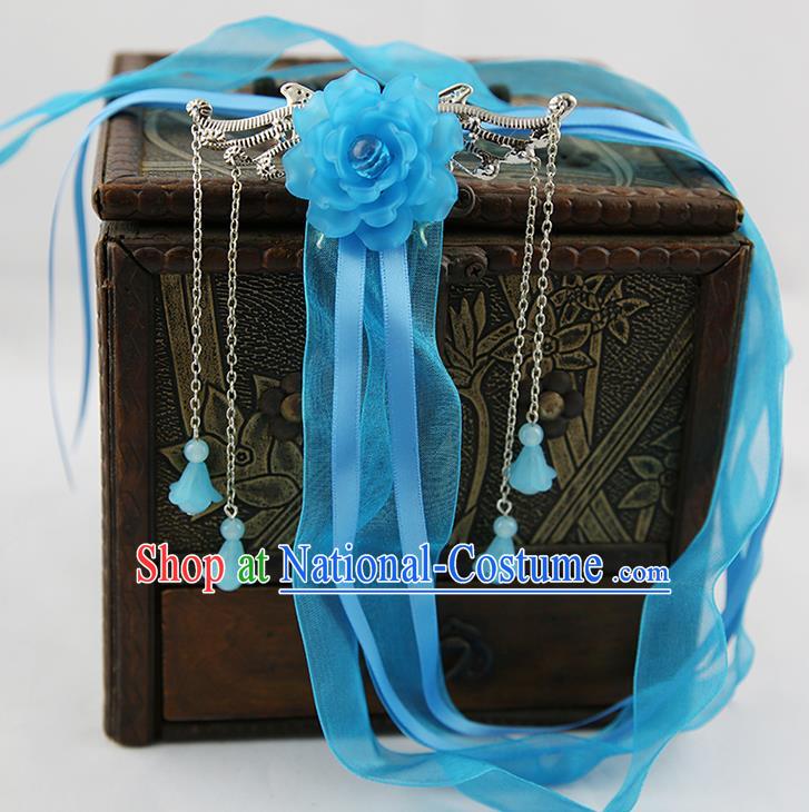 Asian Chinese Handmade Palace Lady Classical Hair Accessories Blue Silk Ribbon Hairpins Headwear for Women