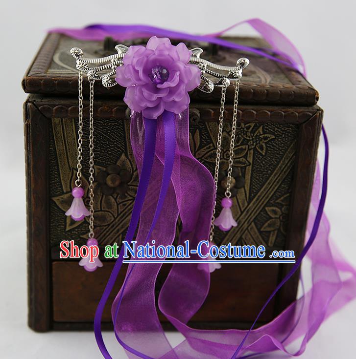 Asian Chinese Handmade Palace Lady Classical Hair Accessories Purple Silk Ribbon Hairpins Headwear for Women