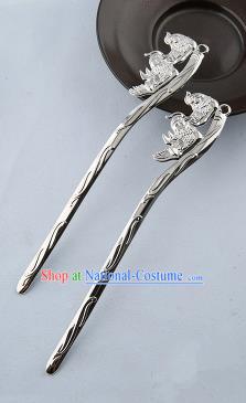 Asian Chinese Handmade Palace Lady Classical Hair Accessories Hanfu Mandarin Duck Argent Hairpins Headwear for Women