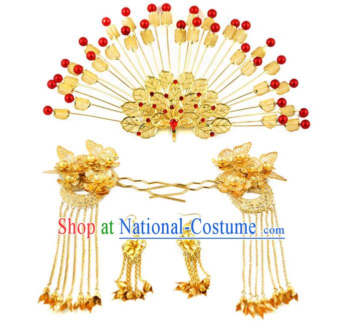 Asian Chinese Handmade Palace Lady Classical Hair Accessories Golden Phoenix Coronet Hairpins Headwear for Women