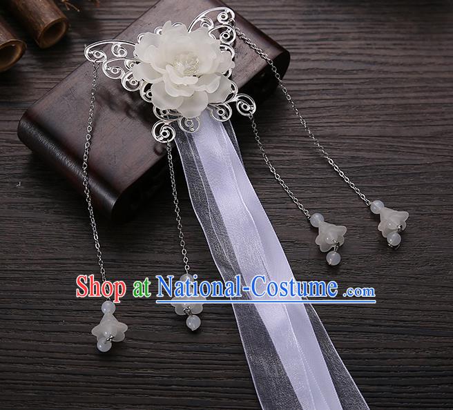 Handmade Asian Chinese Classical Hair Accessories White Ribbon Butterfly Hairpins Hanfu Hair Stick for Women