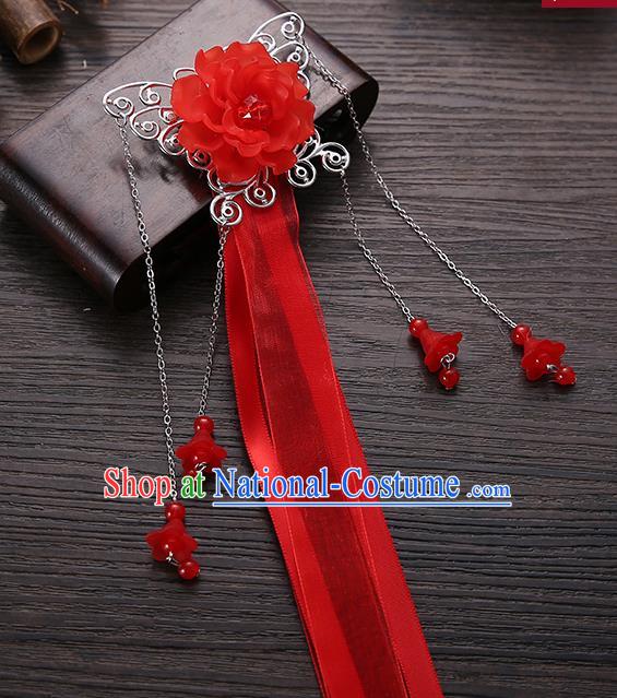 Handmade Asian Chinese Classical Hair Accessories Red Ribbon Butterfly Hairpins Hanfu Hair Stick for Women