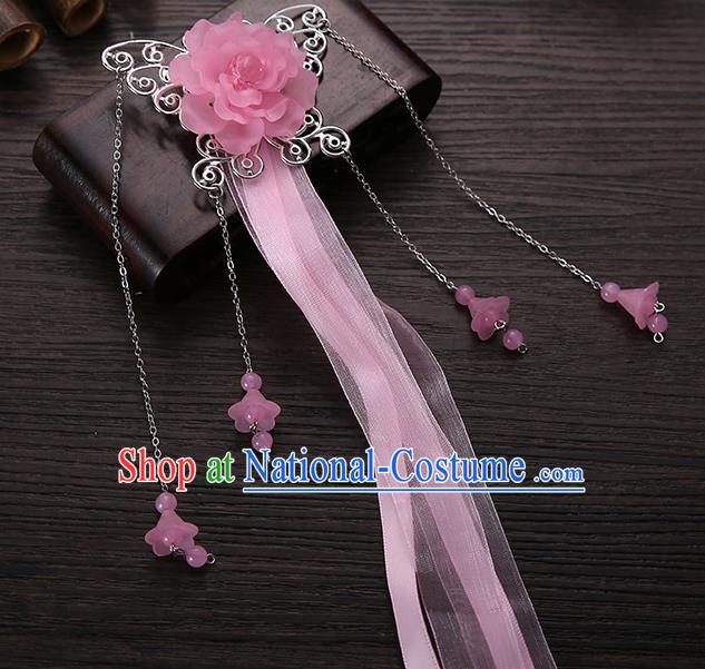 Handmade Asian Chinese Classical Hair Accessories Pink Ribbon Butterfly Hairpins Hanfu Hair Stick for Women