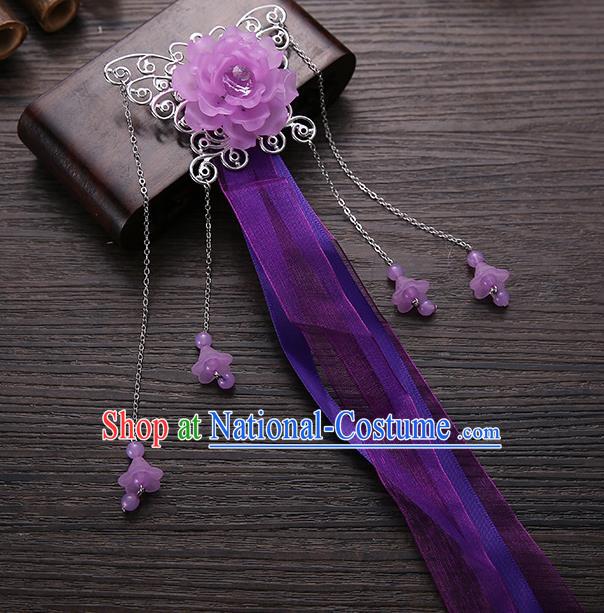 Handmade Asian Chinese Classical Hair Accessories Purple Ribbon Butterfly Hairpins Hanfu Hair Stick for Women