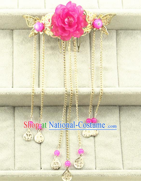 Asian Chinese Handmade Classical Hair Accessories Princess Rosy Flowers Hairpins Butterfly Hair Comb for Women