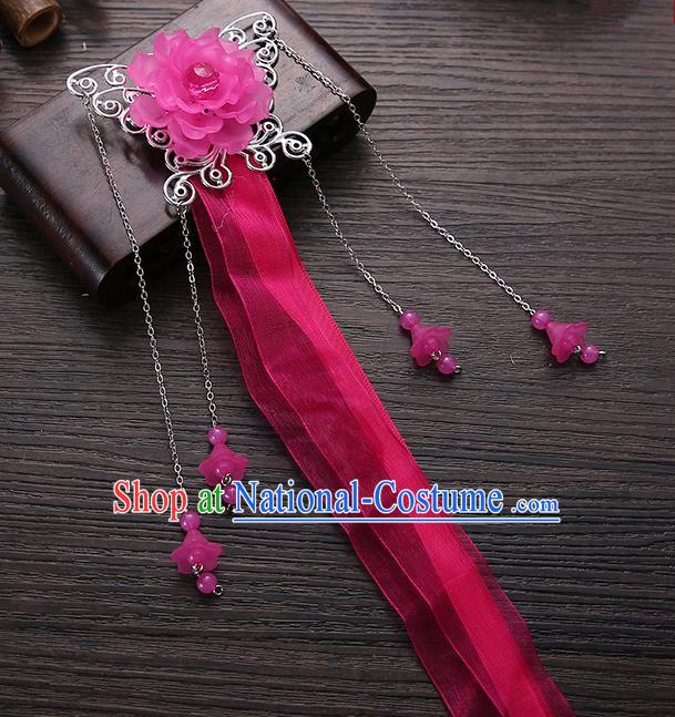 Handmade Asian Chinese Classical Hair Accessories Rosy Ribbon Butterfly Hairpins Hanfu Hair Stick for Women