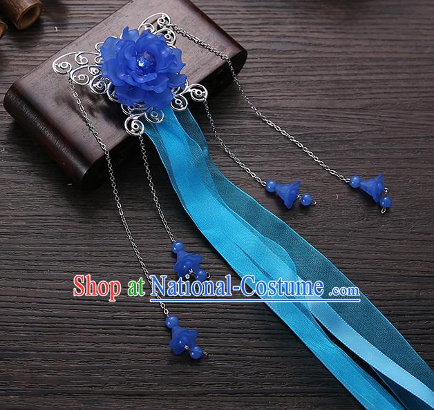 Handmade Asian Chinese Classical Hair Accessories Blue Ribbon Butterfly Hairpins Hanfu Hair Stick for Women