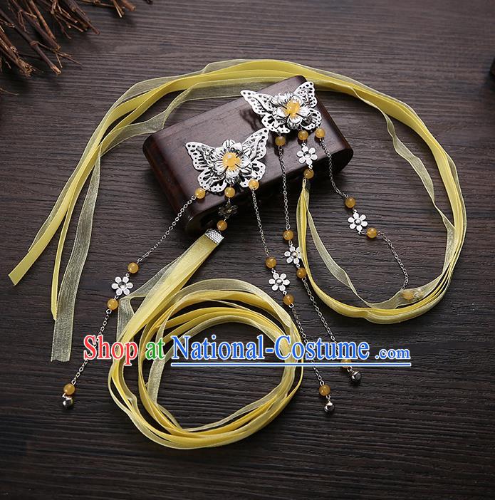 Handmade Asian Chinese Classical Hair Accessories Yellow Silk Ribbon Butterfly Hairpins Hanfu Hair Claw for Women