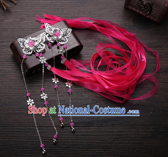 Handmade Asian Chinese Classical Hair Accessories Rosy Silk Ribbon Butterfly Hairpins Hanfu Hair Claw for Women