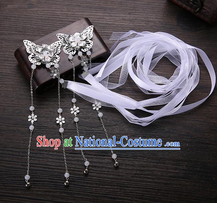 Handmade Asian Chinese Classical Hair Accessories White Silk Ribbon Butterfly Hairpins Hanfu Hair Claw for Women