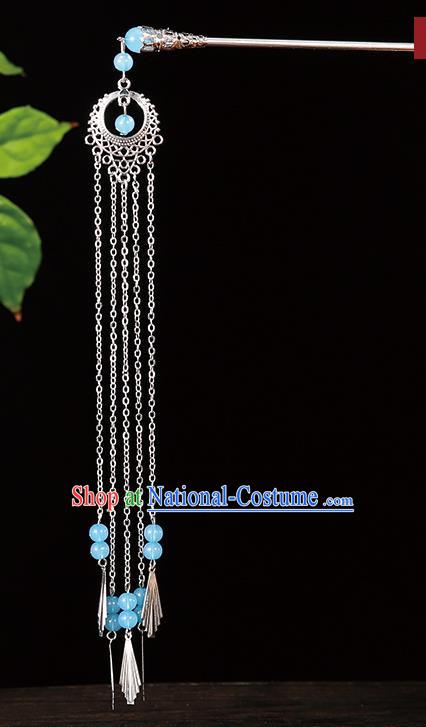 Handmade Asian Chinese Classical Hair Accessories Light Blue Beads Tassel Hairpins Hanfu Step Shake for Women