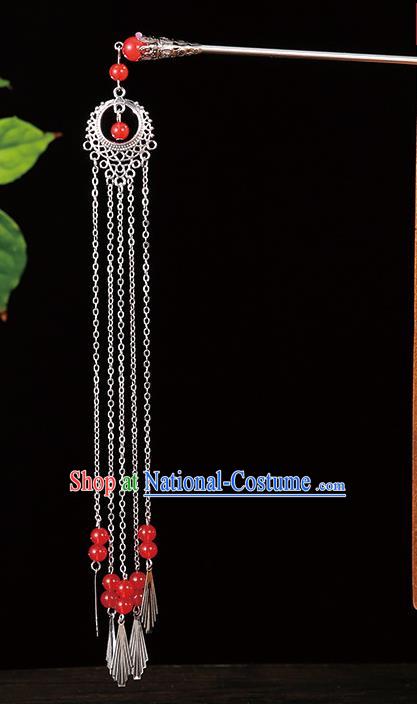 Handmade Asian Chinese Classical Hair Accessories Red Blue Beads Tassel Hairpins Hanfu Step Shake for Women