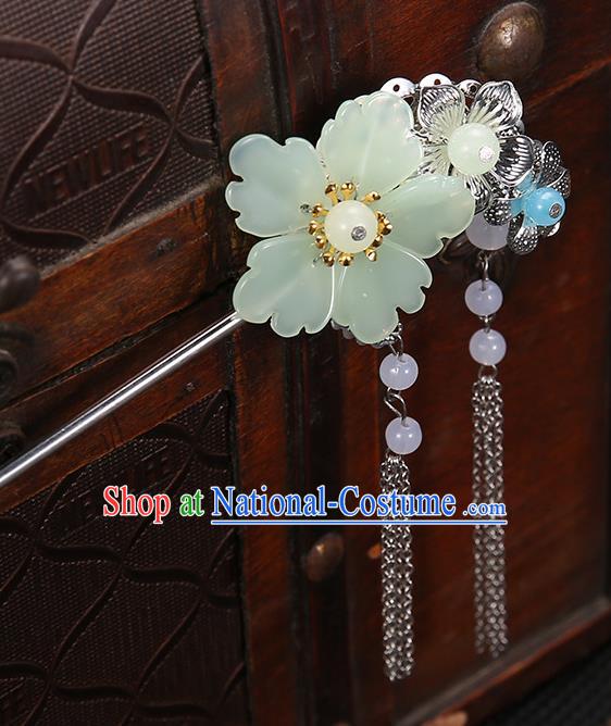 Handmade Asian Chinese Classical Hair Accessories Green Flower Hairpins Hanfu Tassel Step Shake for Women