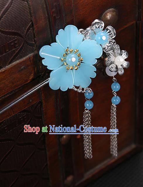 Handmade Asian Chinese Classical Hair Accessories Blue Flower Hairpins Hanfu Tassel Step Shake for Women