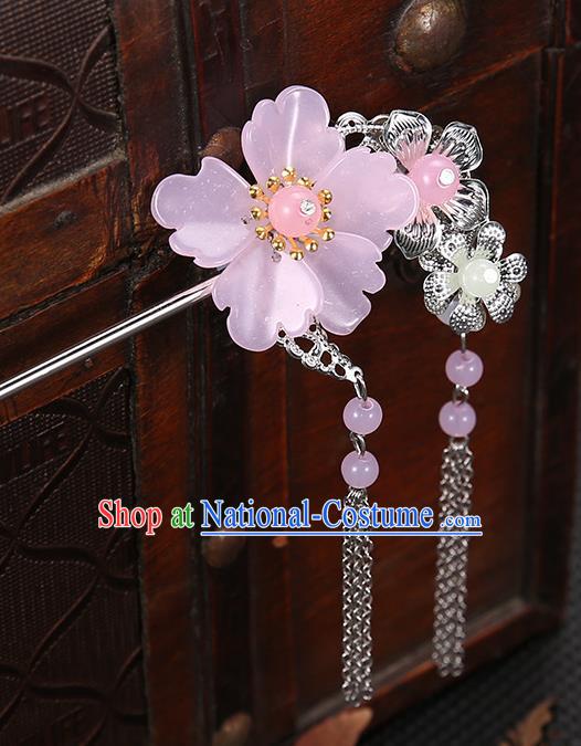 Handmade Asian Chinese Classical Hair Accessories Pink Flower Hairpins Hanfu Tassel Step Shake for Women