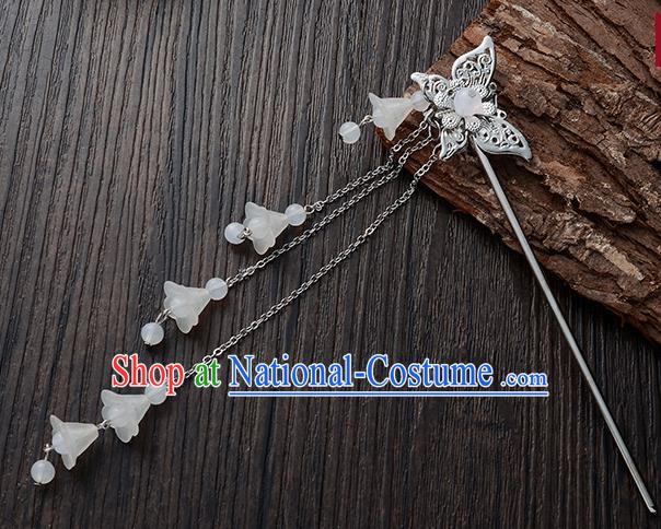 Handmade Asian Chinese Classical Hair Accessories Butterfly Hairpins Hanfu White Tassel Step Shake for Women