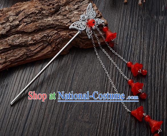 Handmade Asian Chinese Classical Hair Accessories Butterfly Hairpins Hanfu Red Tassel Step Shake for Women