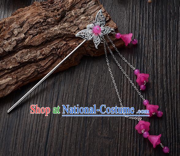 Handmade Asian Chinese Classical Hair Accessories Butterfly Hairpins Hanfu Rosy Tassel Step Shake for Women