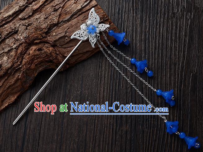 Handmade Asian Chinese Classical Hair Accessories Butterfly Hairpins Hanfu Deep Blue Tassel Step Shake for Women