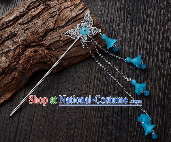 Handmade Asian Chinese Classical Hair Accessories Butterfly Hairpins Hanfu Blue Tassel Step Shake for Women