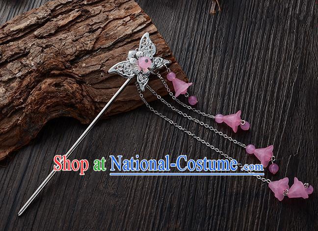 Handmade Asian Chinese Classical Hair Accessories Butterfly Hairpins Hanfu Pink Tassel Step Shake for Women