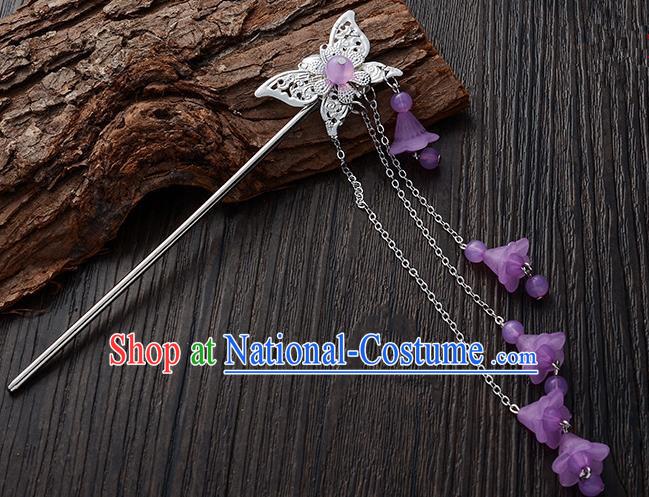 Handmade Asian Chinese Classical Hair Accessories Butterfly Hairpins Hanfu Purple Tassel Step Shake for Women