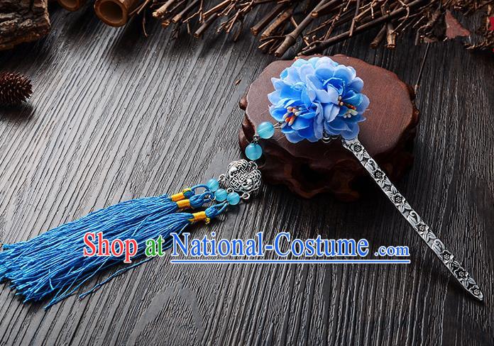 Handmade Asian Chinese Classical Hair Accessories Hairpins Hanfu Blue Flower Tassel Hair Stick for Women