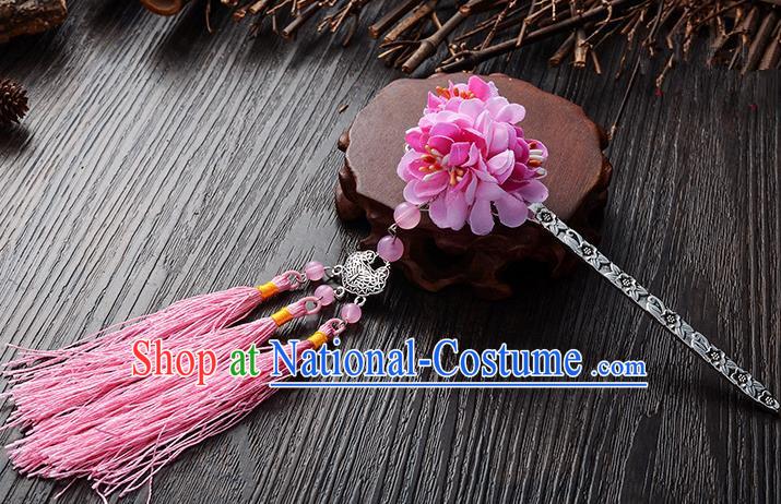 Handmade Asian Chinese Classical Hair Accessories Hairpins Hanfu Pink Flower Tassel Hair Stick for Women