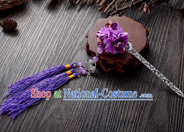 Handmade Asian Chinese Classical Hair Accessories Hairpins Hanfu Purple Flower Tassel Hair Stick for Women