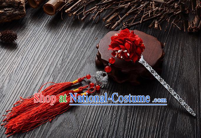 Handmade Asian Chinese Classical Hair Accessories Hairpins Hanfu Red Flower Tassel Hair Stick for Women