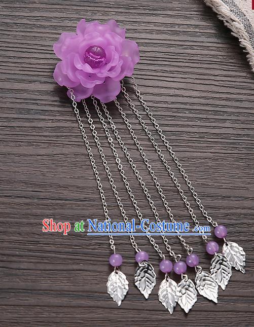 Asian Chinese Handmade Classical Hair Accessories Purple Flower Hairpins Hanfu Tassel Hair Claw for Women