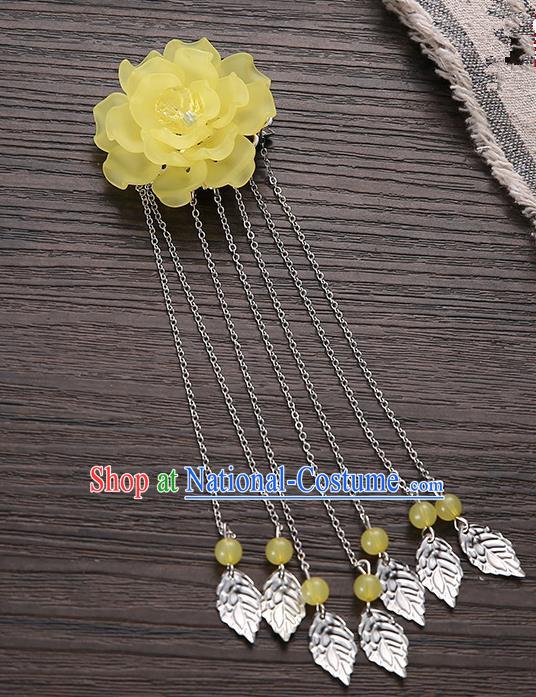 Asian Chinese Handmade Classical Hair Accessories Yellow Flower Hairpins Hanfu Tassel Hair Claw for Women