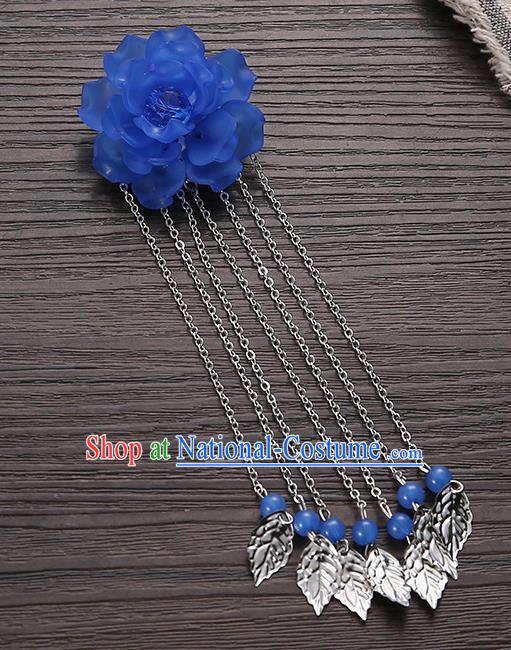 Asian Chinese Handmade Classical Hair Accessories Deep Blue Flower Hairpins Hanfu Tassel Hair Claw for Women