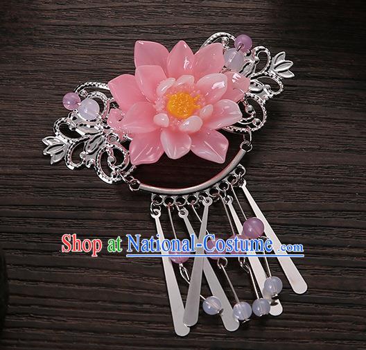 Asian Chinese Handmade Classical Hair Accessories Pink Flower Tassel Hair Comb Hairpins for Women