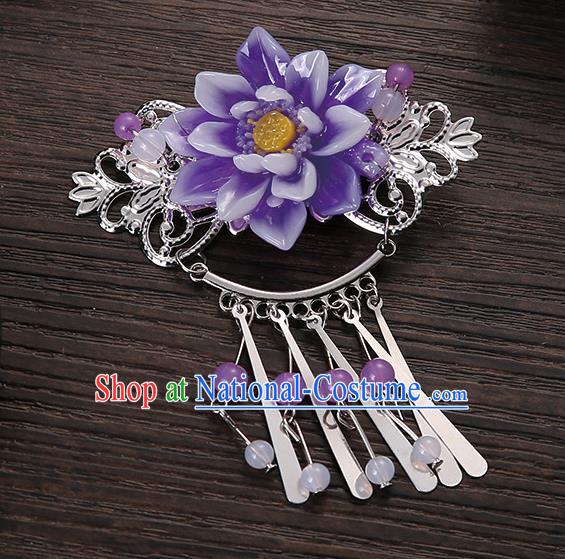 Asian Chinese Handmade Classical Hair Accessories Purple Flower Tassel Hair Comb Hairpins for Women