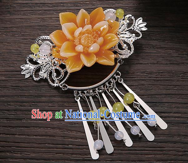 Asian Chinese Handmade Classical Hair Accessories Yellow Flower Tassel Hair Comb Hairpins for Women