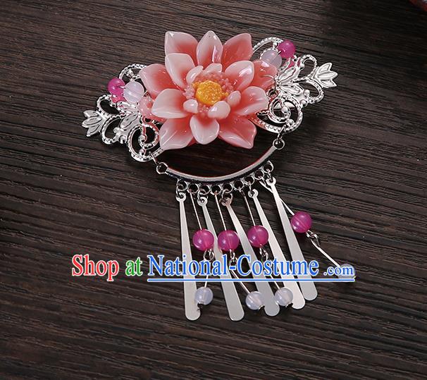 Asian Chinese Handmade Classical Hair Accessories Pink Flower Tassel Hair Comb Hairpins for Women