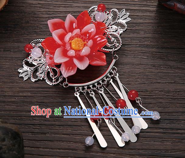 Asian Chinese Handmade Classical Hair Accessories Red Flower Tassel Hair Comb Hairpins for Women