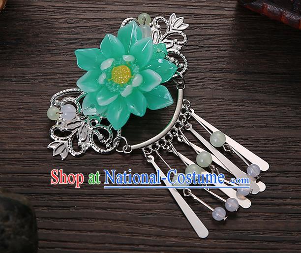 Asian Chinese Handmade Classical Hair Accessories Green Flower Tassel Hair Comb Hairpins for Women