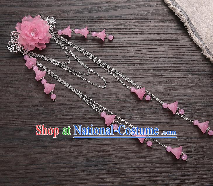 Asian Chinese Handmade Classical Hair Accessories Pink Long Tassel Hair Claw Hanfu Hairpins for Women