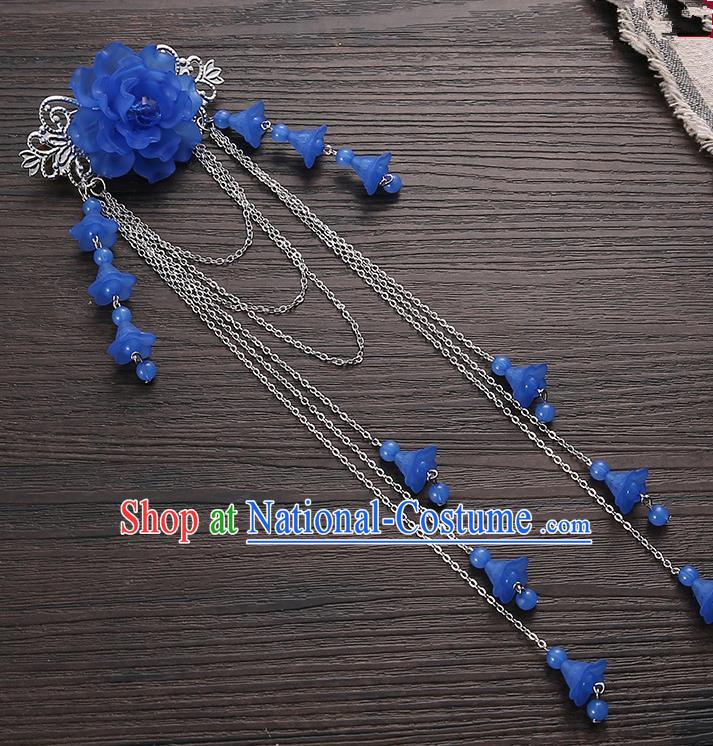 Asian Chinese Handmade Classical Hair Accessories Deep Blue Long Tassel Hair Claw Hanfu Hairpins for Women