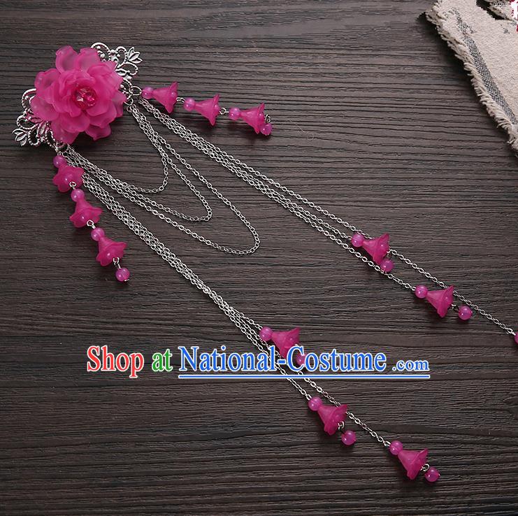 Asian Chinese Handmade Classical Hair Accessories Rosy Long Tassel Hair Claw Hanfu Hairpins for Women