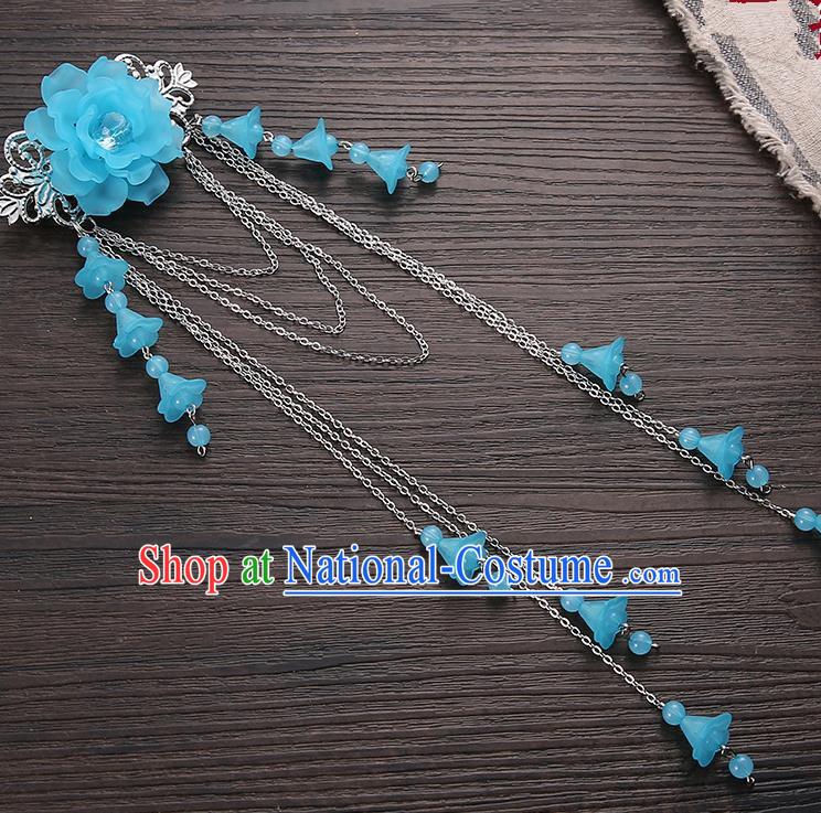 Asian Chinese Handmade Classical Hair Accessories Blue Long Tassel Hair Claw Hanfu Hairpins for Women