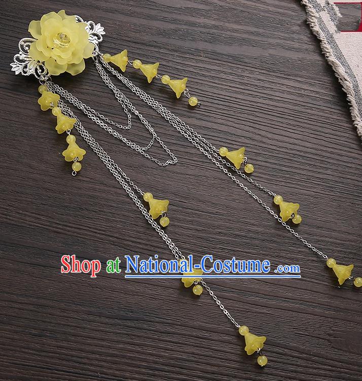 Asian Chinese Handmade Classical Hair Accessories Yellow Long Tassel Hair Claw Hanfu Hairpins for Women