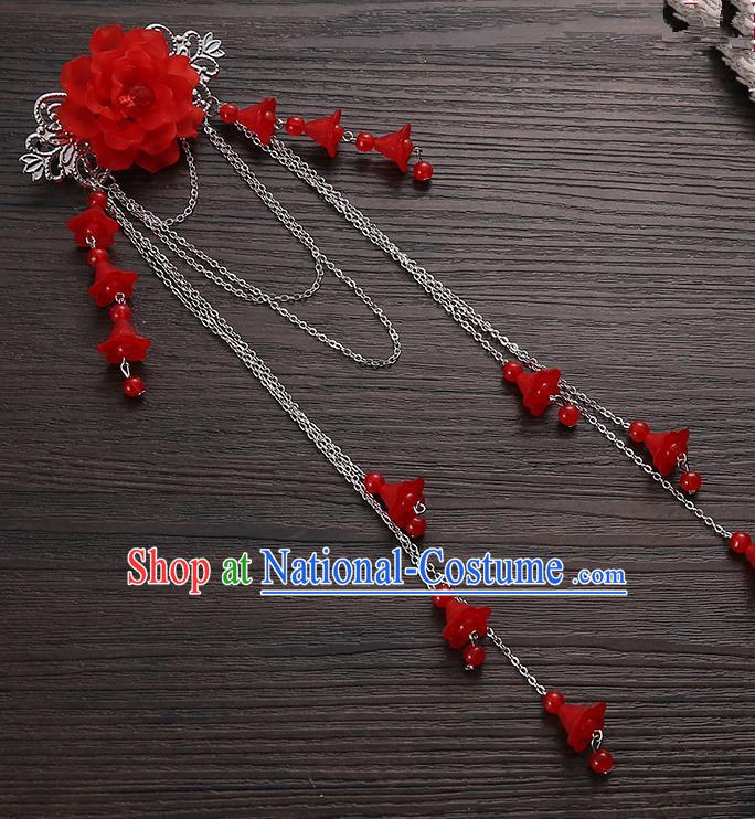 Asian Chinese Handmade Classical Hair Accessories Red Long Tassel Hair Claw Hanfu Hairpins for Women