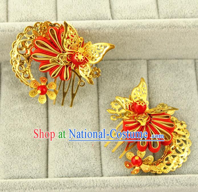 Asian Chinese Handmade Classical Hair Accessories Princess Hairpins Red Butterfly Hair Comb for Women