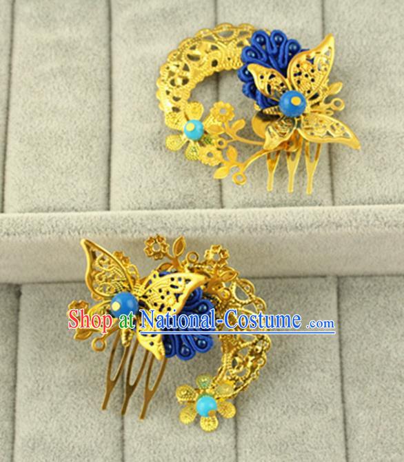 Asian Chinese Handmade Classical Hair Accessories Princess Hairpins Blue Butterfly Hair Comb for Women